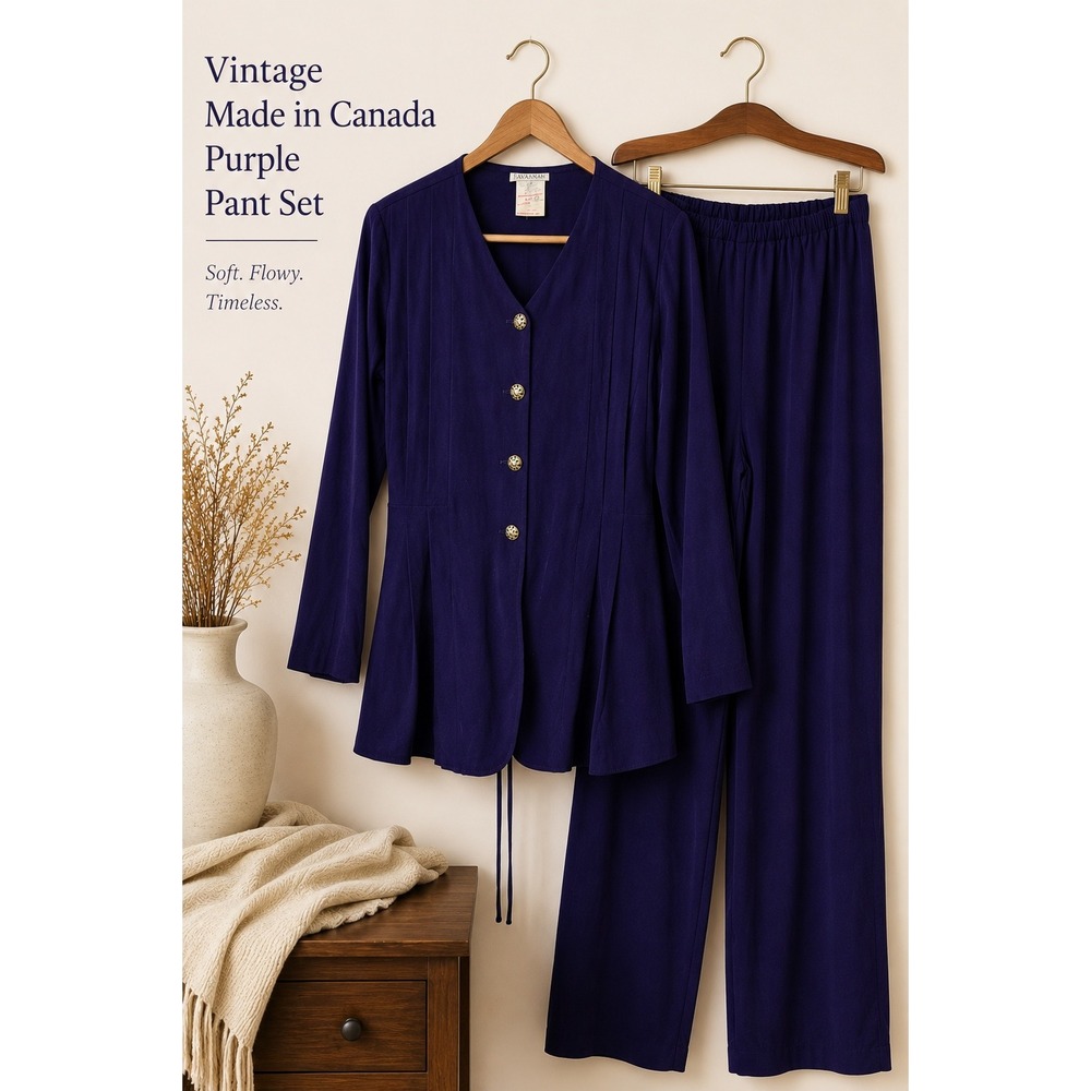 Vintage Made in Canada Purple Rayon Pant Set Tunic Jacket Wide Leg Pants Size 7